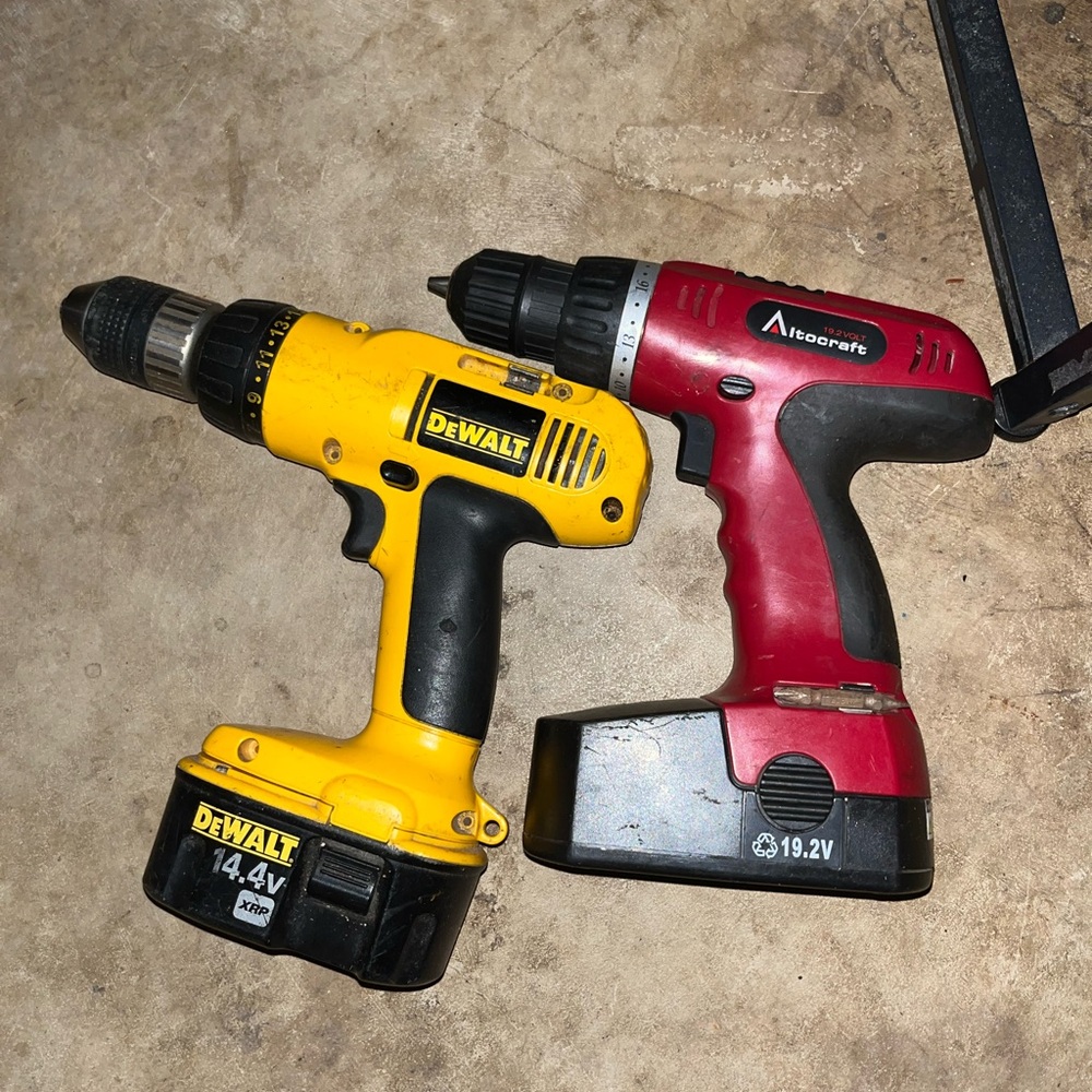 DeWalt Yellow Cordless Drill and Accraft Red Cordless Drill Set